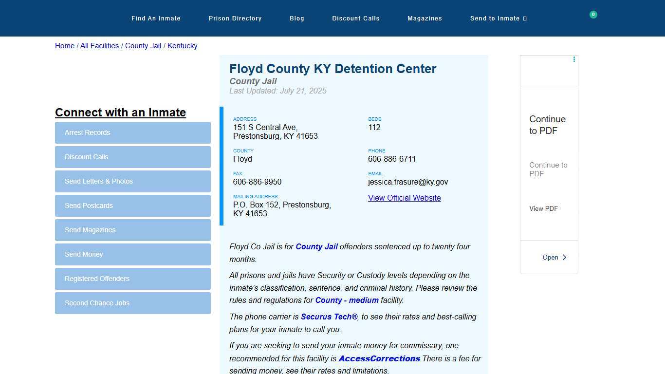 Floyd County KY Detention Center Inmate Search, Visitation and Contact Information - InmateAid